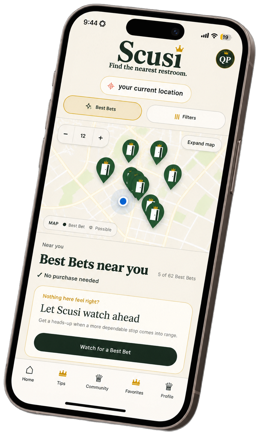 The Scusi app showing nearby restrooms on a map